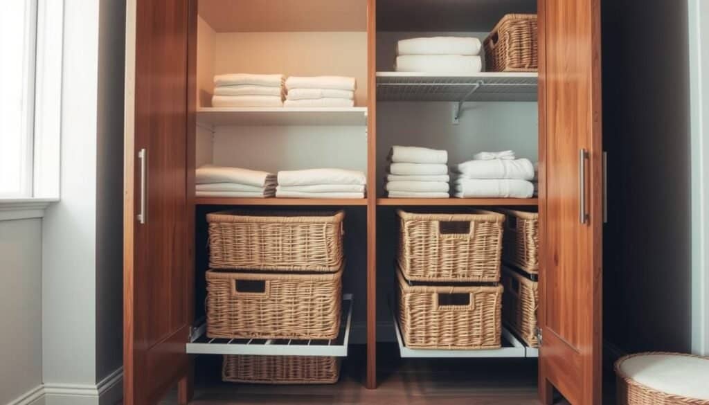 A beautifully organized linen closet with a pull-out basket storage system. The foreground features a wooden cabinet with sleek, modern lines, its doors pulled open to reveal neatly arranged woven baskets in various sizes. The baskets are pulled out, showcasing their practical design and the ease of access they provide. The middle ground depicts the shelves inside the closet, stocked with neatly folded linens, towels, and other household items. The background is a softly lit, minimalist space, creating a serene, inviting atmosphere. The lighting is warm and natural, highlighting the textures and materials used. Captured at a slight angle, the image conveys the functionality and visual appeal of this DIY pull-out basket storage solution.