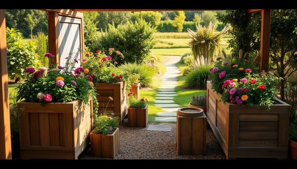 A cozy outdoor space with handcrafted wooden planters, overflowing with lush greenery and vibrant flowers. The planters are arranged in a natural, asymmetrical layout, casting warm, diffused light across the scene. The wood has a rustic, weathered texture, complementing the earthy tones of the surrounding landscape. In the background, a serene garden path leads towards a verdant backdrop, inviting the viewer to explore this sustainable, eco-friendly oasis. The overall atmosphere is one of tranquility and harmony, reflecting the time and care put into these handmade garden projects.