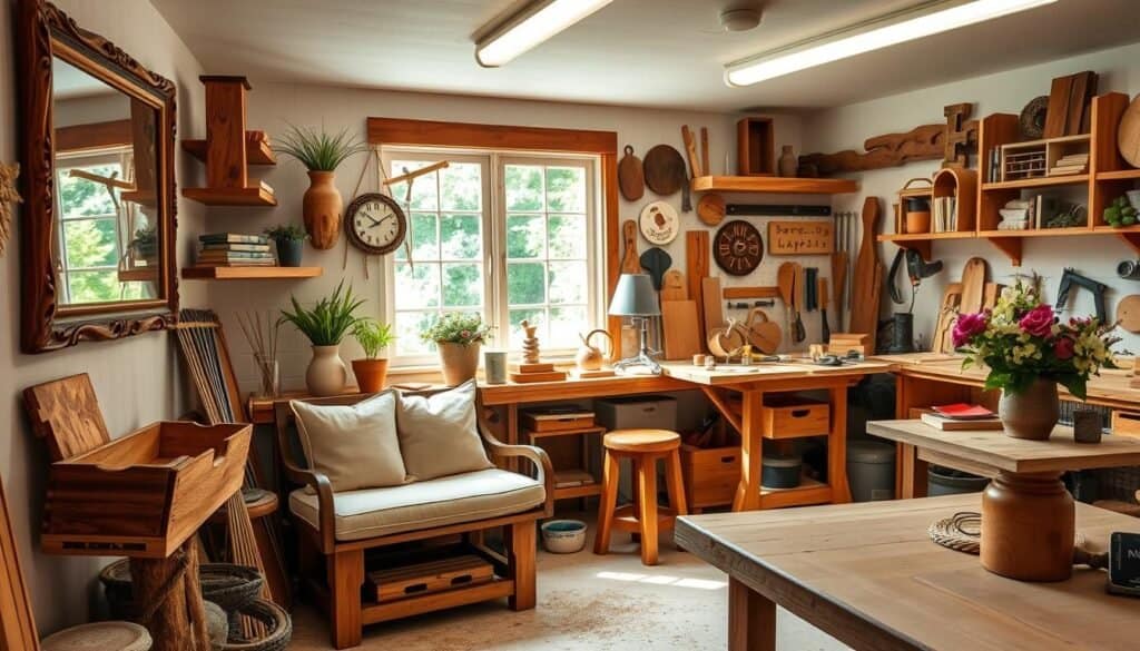A cozy, well-lit home workshop filled with a variety of rustic, handcrafted woodworking projects for home decor. In the foreground, a beautifully carved wooden picture frame, a set of floating shelves, and a decorative wooden tray. In the middle ground, a DIY wooden bench with plush cushions, a wooden clock, and a wooden vase filled with fresh flowers. In the background, a wooden workbench with various woodworking tools, a collection of wooden signs, and a window overlooking a lush, green backyard. The scene exudes a warm, inviting atmosphere, highlighting the charm and versatility of these DIY home decor pieces.