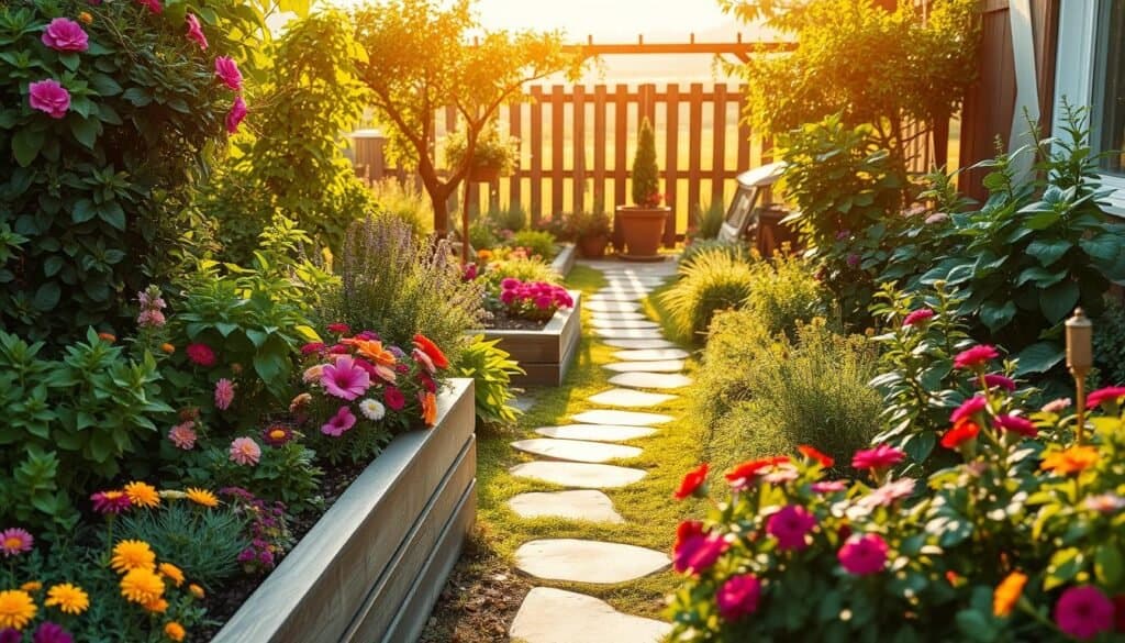 A lush outdoor garden filled with a variety of plant life, including vibrant flowers, verdant foliage, and neatly trimmed hedges. The scene is bathed in warm, golden sunlight, creating a cozy and inviting atmosphere. In the foreground, a well-maintained raised garden bed showcases a mix of colorful blooms and fragrant herbs. In the middle ground, a winding stone pathway leads the viewer through the space, flanked by carefully curated garden beds and potted plants. In the background, a wooden fence or trellis provides a natural backdrop, with hints of a serene landscape or small garden shed visible beyond. The overall composition emphasizes the beauty and tranquility of an outdoor gardening project, perfect for planning and preparing a vibrant, personalized outdoor space.