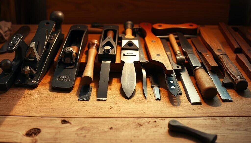A meticulously curated collection of specialty woodworking tools, each designed with precision and purpose. Smooth plane blades, sharp chisels, intricate carving knives, and a selection of finely crafted hand saws are arranged on a well-worn workbench. The tools are illuminated by warm, directional lighting, casting dramatic shadows that accentuate their distinct forms and textures. The scene exudes a sense of craftsmanship and attention to detail, inviting the viewer to imagine the skilled hands that wield these essential implements in the creation of beautiful, functional wooden objects.