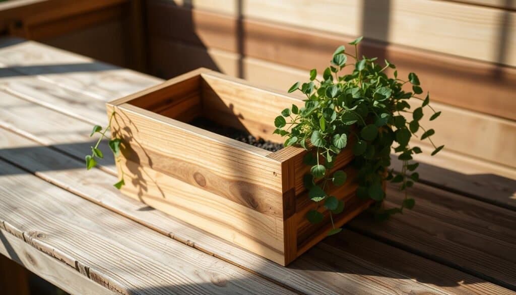 A rustic, handcrafted wooden planter box sits atop a weathered wooden surface, casting soft shadows in the warm, natural lighting. The planter is made of rough-sawn cedar boards, its simple, clean lines and slightly distressed finish giving it a charming, beginner-friendly aesthetic. Lush, verdant plants cascade over the sides, adding a touch of organic vitality to the scene. The overall composition evokes a sense of tranquility and the satisfaction of a rewarding DIY project, suitable for both indoor and outdoor display.