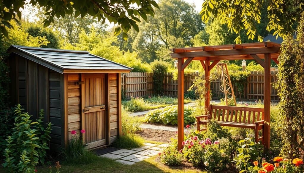 A rustic wooden garden shed stands amidst lush greenery, its weathered boards and charming design inviting exploration. Nearby, a handcrafted wooden bench nestled among vibrant flowers offers a peaceful respite. In the distance, a wooden pergola arches over a well-tended vegetable patch, casting soft, dappled shadows. Warm, natural lighting illuminates the scene, highlighting the organic textures and earthy tones of the wooden elements. The overall atmosphere evokes a sense of tranquility and a deep connection to the natural world, perfectly capturing the essence of wooden garden projects that transform an outdoor space.