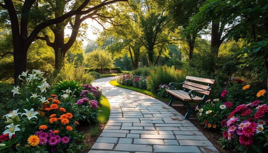A serene garden path winds through a lush, verdant landscape. Sunlight filters through the canopy of towering trees, casting a warm, golden glow on the natural stone pavers that line the way. Vibrant flowers in a rainbow of colors - from delicate lilies to vibrant zinnias - bloom along the edges, framing the path with their natural beauty. The air is filled with the gentle fragrance of blooming foliage and the soft chirping of birds. Ahead, the path leads to a charming wooden bench, inviting visitors to pause and admire the tranquil surroundings. This picturesque garden pathway exudes a sense of peaceful solitude, perfect for a relaxing stroll or quiet contemplation.