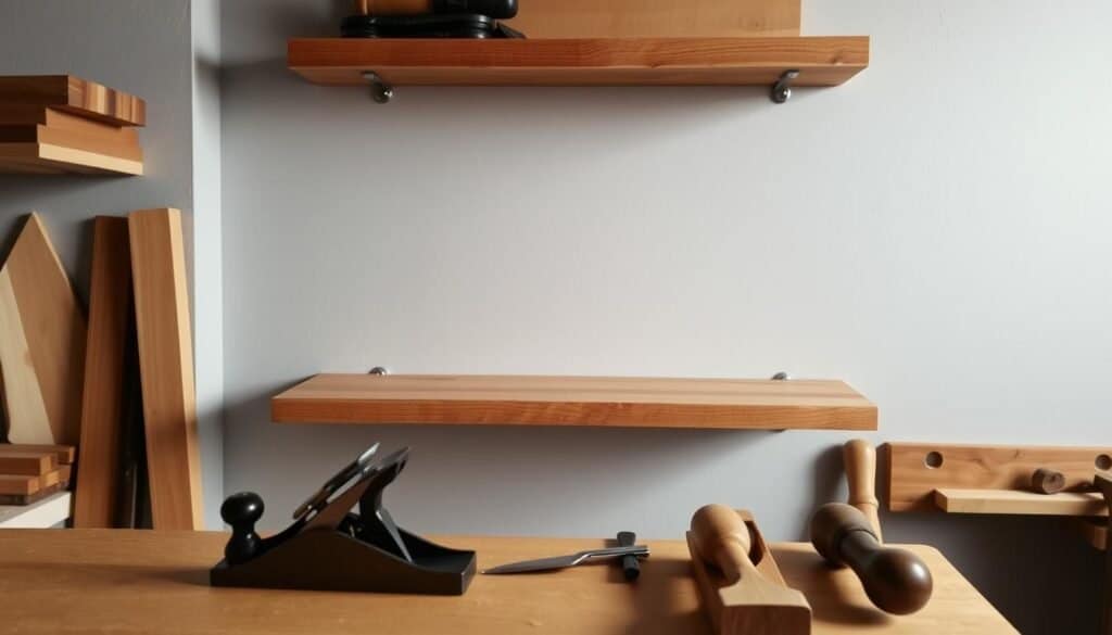 A simple, rustic wooden floating shelf in a cozy, well-lit workshop. The shelf is made of smooth, warm-toned oak boards, its edges neatly chamfered. It is mounted flush against a light gray wall, secured with discreet metal brackets. The workshop's soft, directional lighting casts gentle shadows, highlighting the natural wood grain. In the foreground, various small woodworking tools are neatly arranged - a hand plane, a chisel, and a small mallet. The overall scene conveys a sense of simplicity, functionality, and craftsmanship.