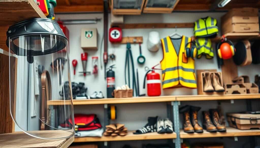 A well-lit, spacious workshop with a variety of essential safety equipment neatly arranged on sturdy wooden shelves. In the foreground, a full-face safety shield, protective goggles, and a set of impact-resistant gloves. In the middle ground, a fire extinguisher, first-aid kit, and dust mask hang on the wall. The background showcases a high-visibility safety vest, ear muffs, and a sturdy set of safety boots. The overall scene conveys a sense of organization, attention to detail, and a commitment to workplace safety.