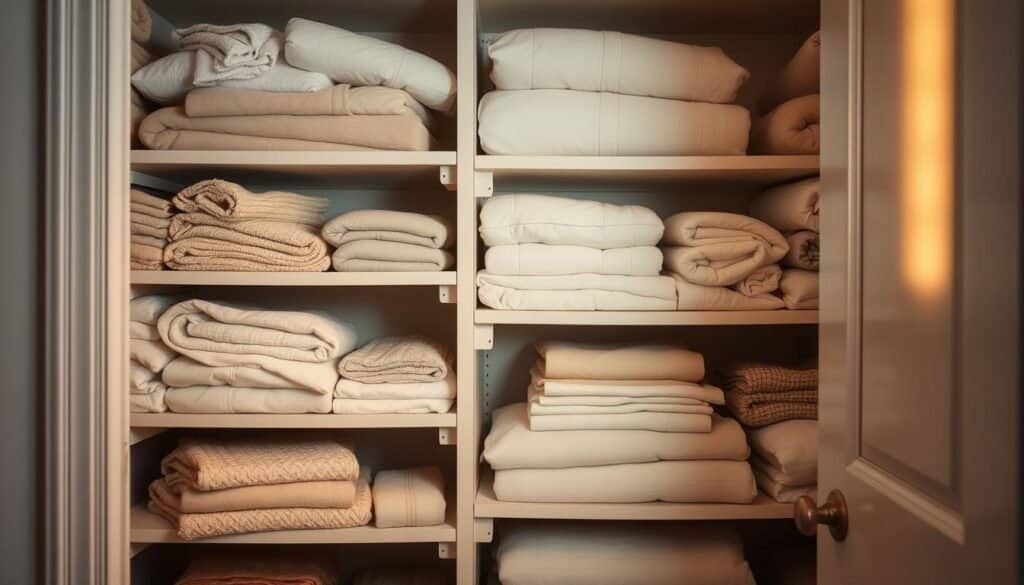 A well-organized linen closet with neatly folded towels, sheets, and bedding in a range of soft, natural colors. The shelves are arranged in a visually appealing manner, with items grouped by type and size. Gentle side lighting casts a warm glow, highlighting the textures of the fabrics. The closet door is slightly ajar, inviting the viewer to step inside this serene, functional space. The overall impression is one of calm efficiency, a sanctuary for household essentials.