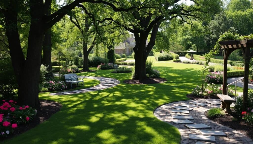 A winding garden pathway meanders through a lush, verdant landscape. Cobblestones and stepping stones line the route, inviting exploration. Towering trees cast dappled shadows, while blooming flowers in vibrant hues dot the edges. Gentle sunlight filters through the canopy, creating a warm, inviting atmosphere. The path curves gracefully, leading the eye deeper into the serene, well-manicured garden. Architectural elements, such as a rustic wooden arbor or a charming garden bench, punctuate the scene, adding visual interest and a sense of purposeful design. The overall impression is one of tranquility, balance, and harmony, capturing the essence of an idyllic garden pathway.