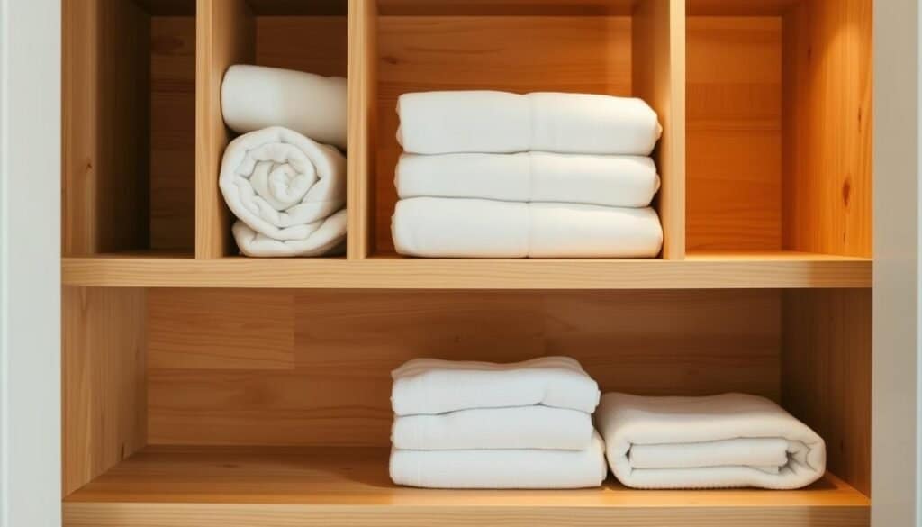 A wooden shelf with custom dividers, perfectly organized for a linen closet. Rustic, natural grain of pine boards, sanded smooth with a matte finish. Minimalist design with clean lines, evenly spaced compartments. Soft, warm lighting gently illuminates the scene, casting subtle shadows. Camera angle slightly from above, capturing the tidy, practical arrangement. Peaceful, serene atmosphere, inviting the viewer to imagine the satisfying feeling of neatly folded linens and towels. The epitome of simple, functional DIY storage.