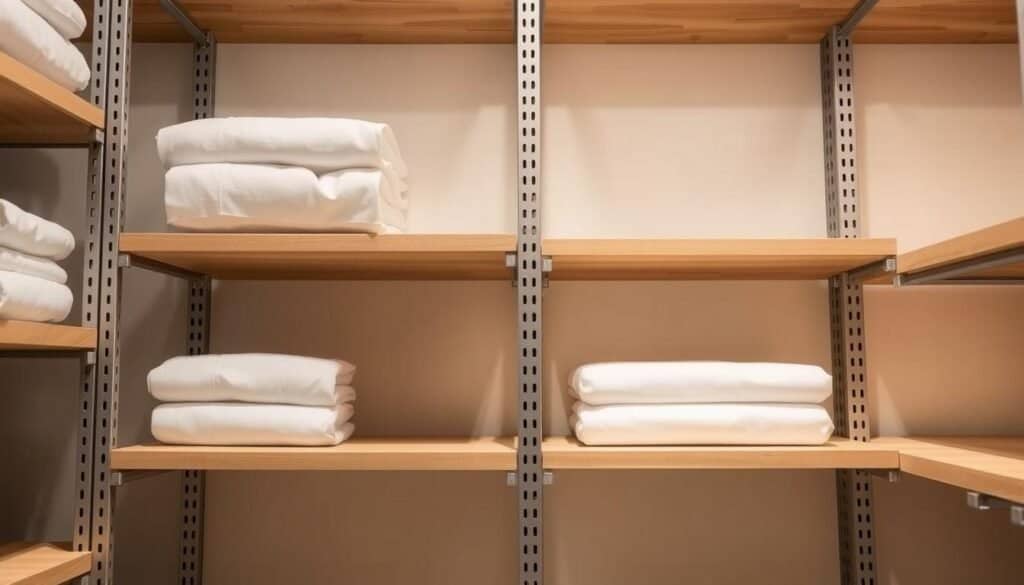 Adjustable shelving system with sleek aluminum frames, customizable shelves, and a minimalist design. Soft ambient lighting creates a warm, inviting atmosphere, highlighting the natural wood or white finishes. The shelves are arranged in a clean, symmetrical layout, with ample space between each level for easy organization. A slightly angled view showcases the depth and versatility of the storage solution, ideal for linen closets or pantries. A subtle, muted color palette complements the modern aesthetic, creating a serene and organized visual that aligns with the "Simple DIY Linen Closet Projects for Easy Storage" theme.