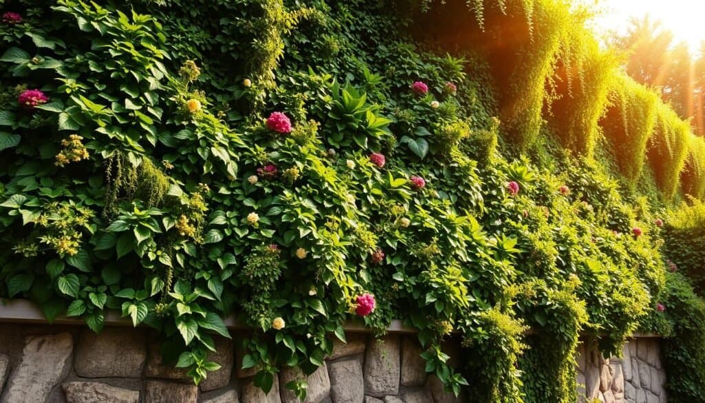 a lush, verdant vertical garden cascading down a stone wall, with a variety of thriving greenery and flowering plants spilling over the edges, creating a stunning and immersive display; the garden is bathed in warm, natural sunlight from above, casting a soft glow and casting dramatic shadows; the composition is framed to showcase the dynamic interplay of textures, colors, and shapes, drawing the viewer's eye upwards and across the verdant cascade; the overall scene evokes a sense of tranquility, beauty, and harmony, perfectly capturing the essence of an elevated outdoor space.