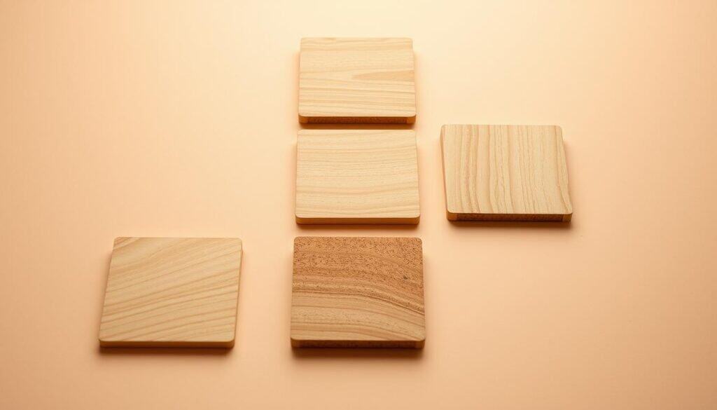 cork-backed wooden tile coasters