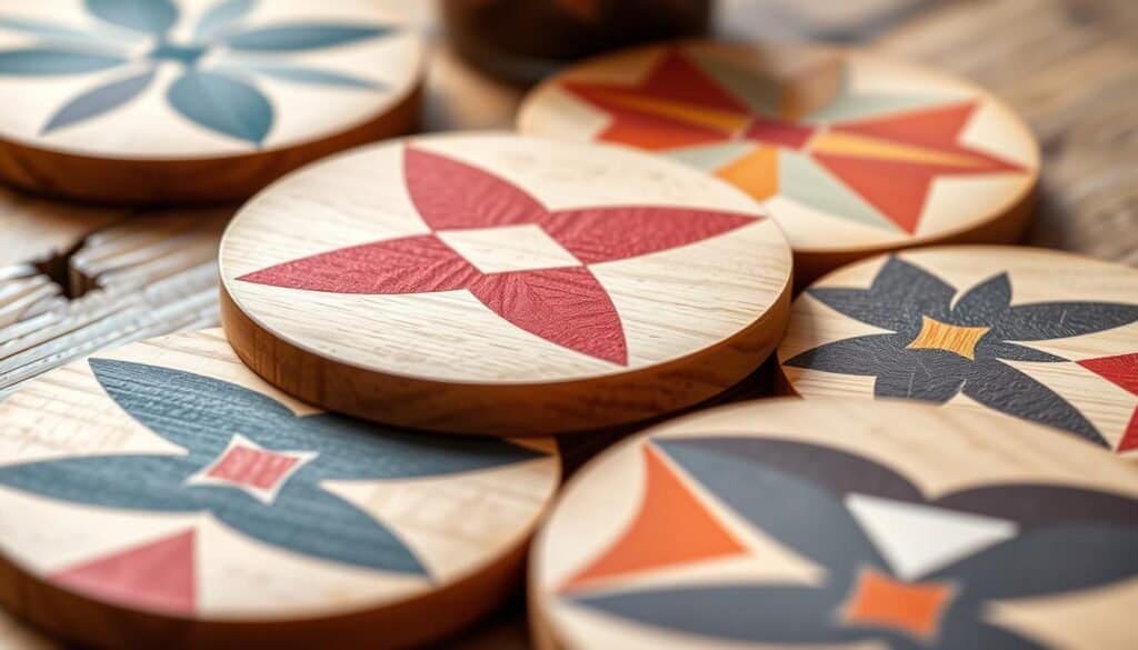 geometric pattern painted wood coasters
