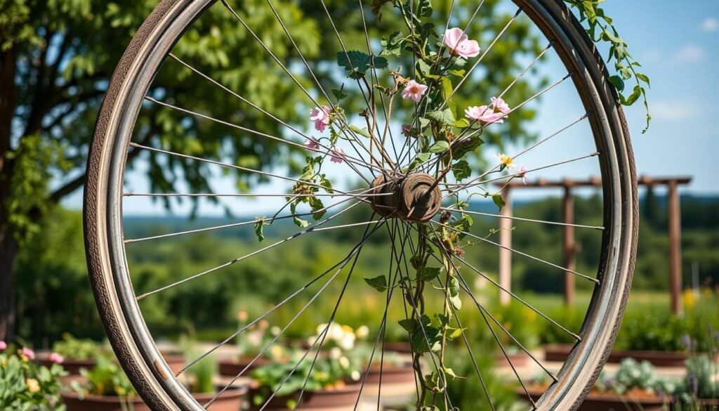repurposed bicycle wheel trellis