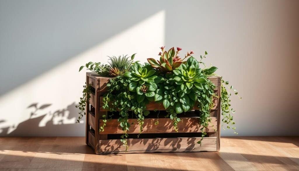 wooden crate plant display