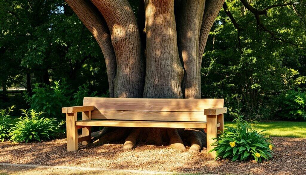 DIY wooden outdoor bench around a tree