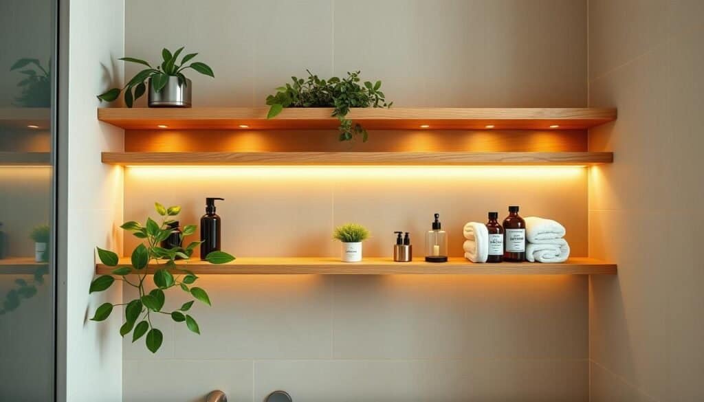 bathroom wooden shelving