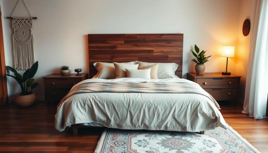 boho bedroom with rustic wooden elements