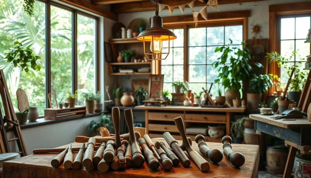 boho woodworking workspace