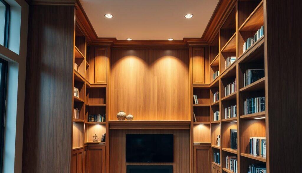 built-in wooden bookshelves