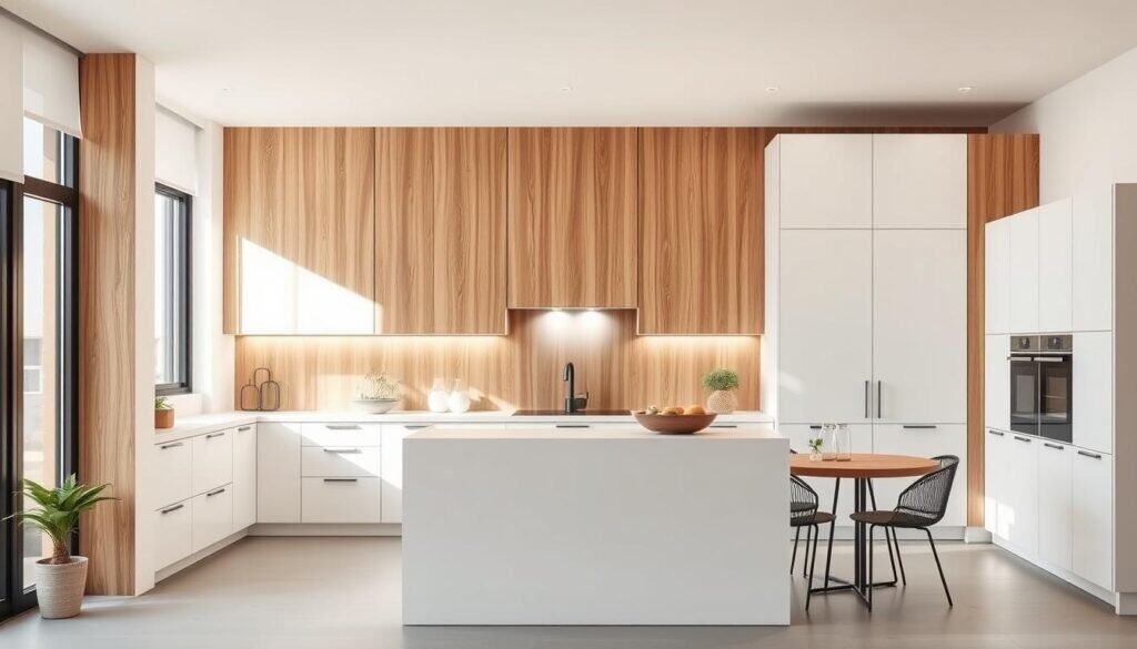 coordinating wood accent walls with kitchen cabinetry