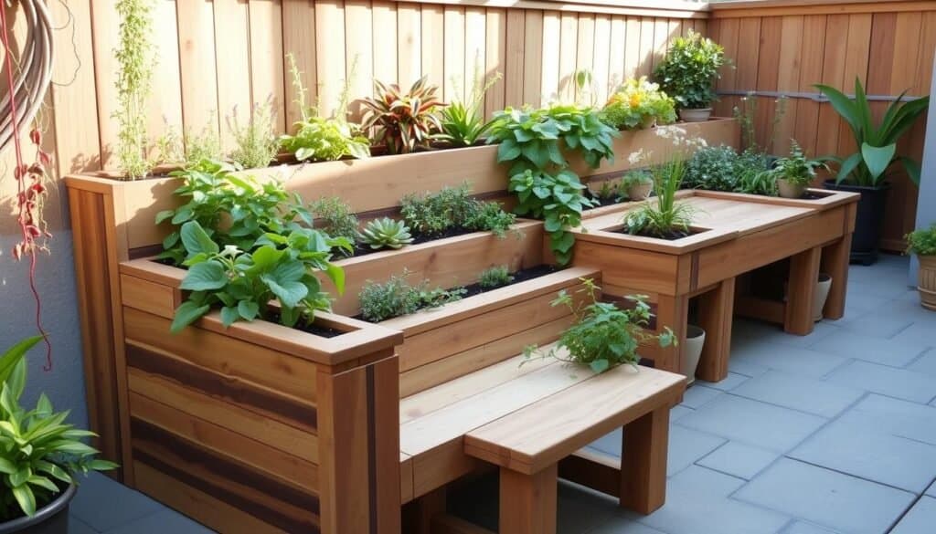 diy wooden tiered planter with built-in seating