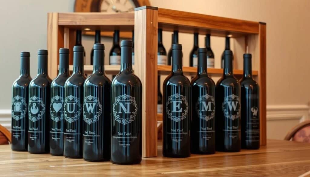 engraved wine bottle display