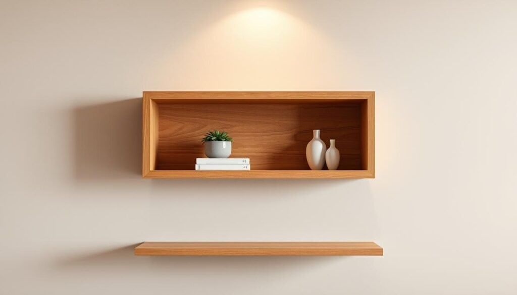 floating wall-mounted wooden shelf entry table
