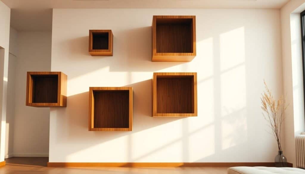 floating wooden cube display shelves