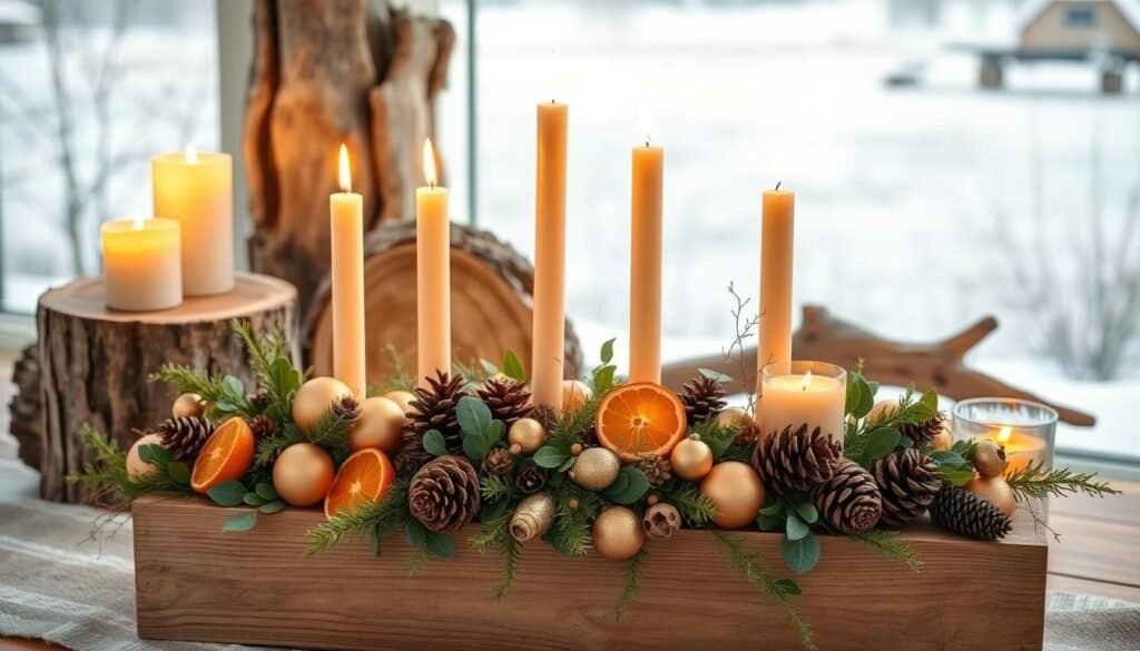 holiday centerpieces with wood and candles