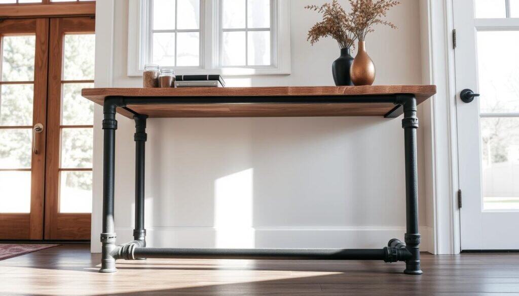 industrial pipe wood console table