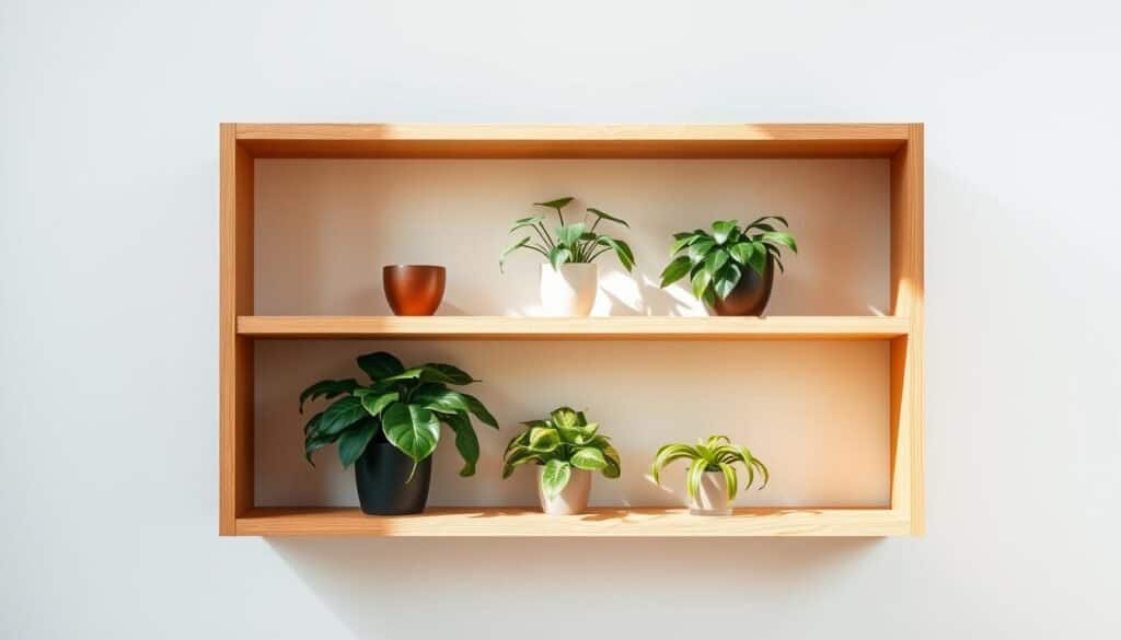 minimalist wooden shelf with plants