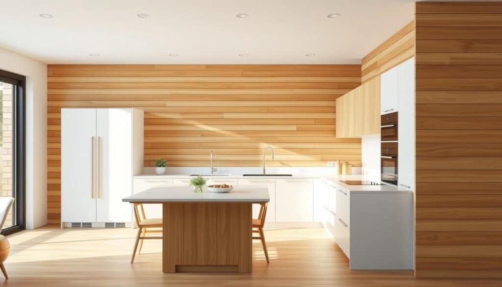 modern slatted wood kitchen wall design