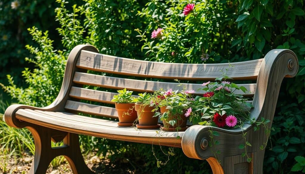 planter-integrated wooden bench