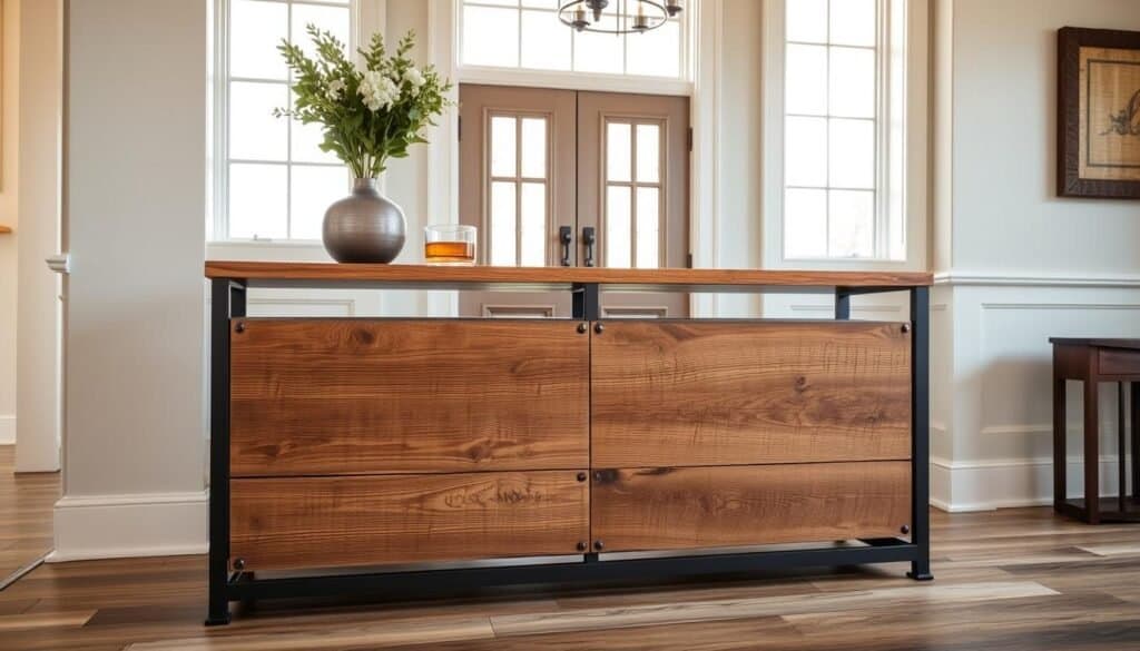 reclaimed barn wood console with metal accents