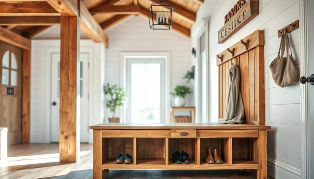 rustic farmhouse shoe bench
