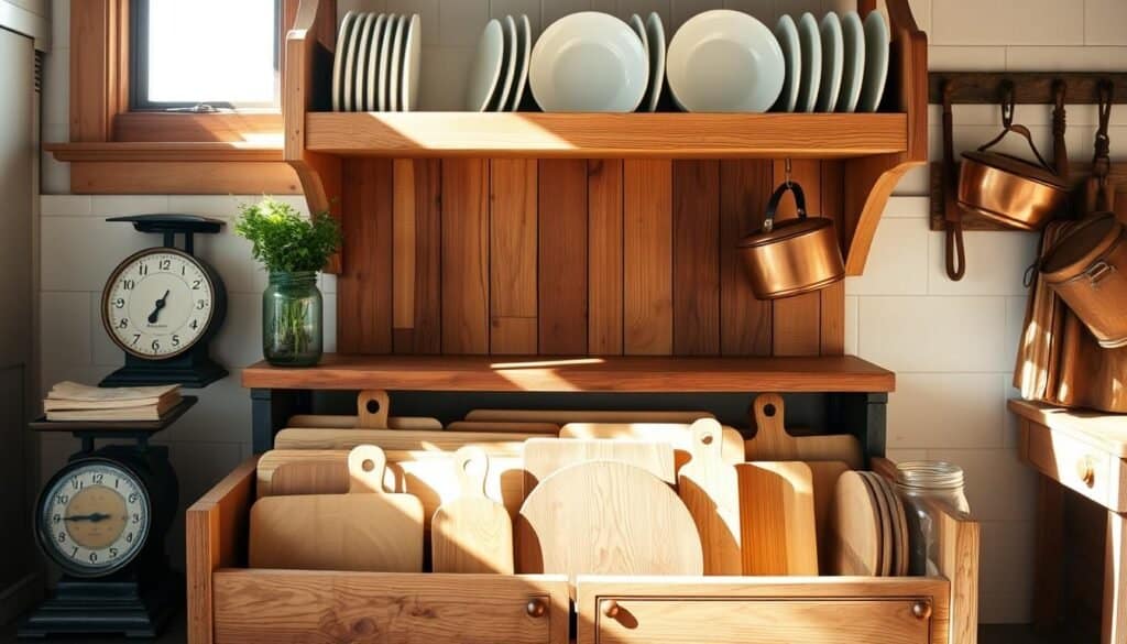 rustic kitchen decor with plate rack and cutting board storage