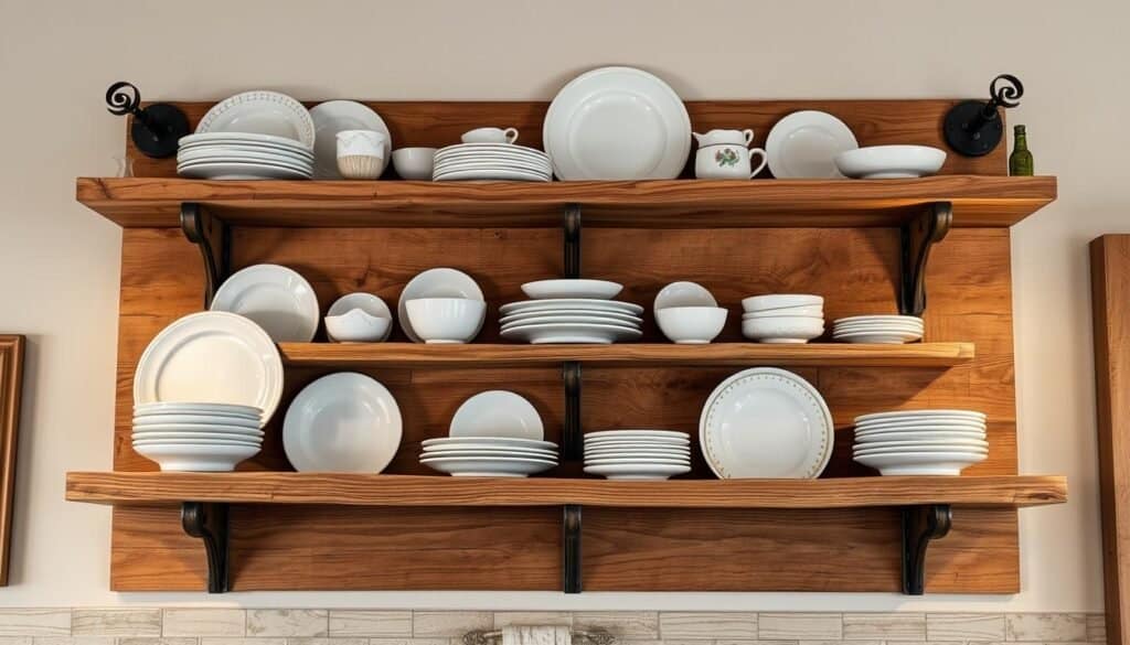 rustic open shelving plate rack