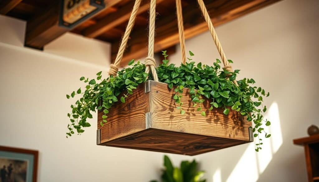 rustic rope-suspended wooden box planter