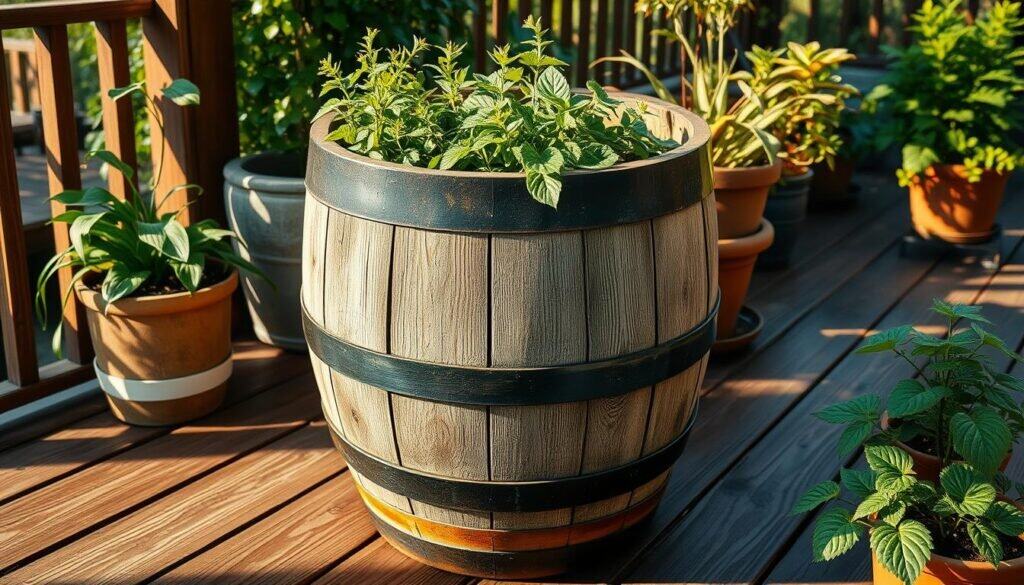 rustic wooden barrel planter