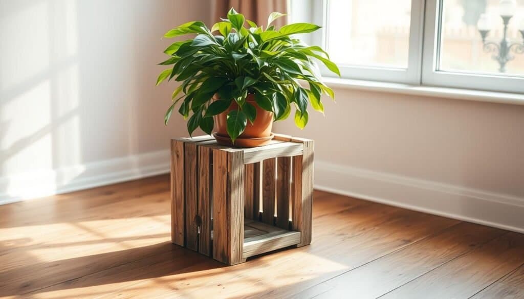 rustic wooden crate plant stand