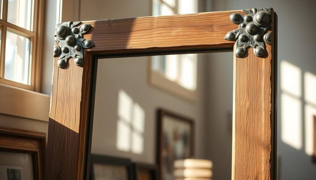 rustic wooden frame with metal accents