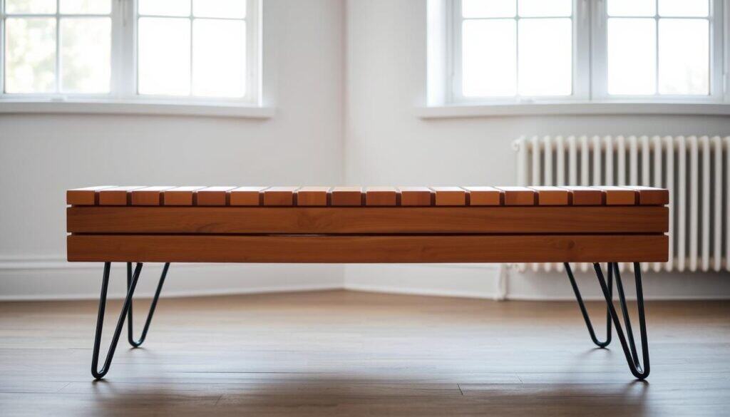 slatted bench with hairpin legs
