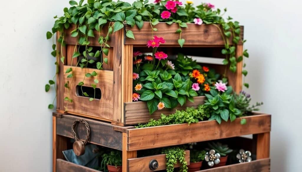 upcycled wooden crate tiered garden display