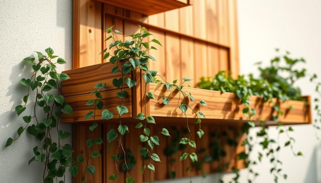 vertical wall-mounted wooden tiered planter box