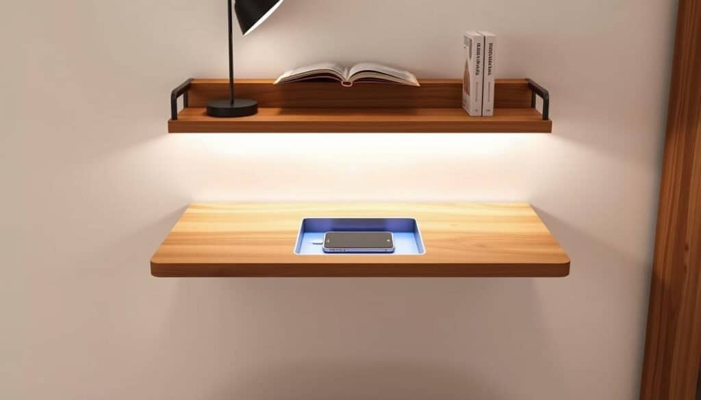wall-mounted bedside desk shelf combo