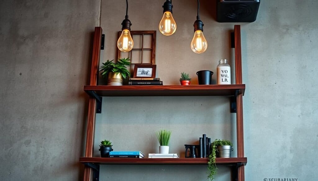 wall-mounted ladder shelf with industrial accents