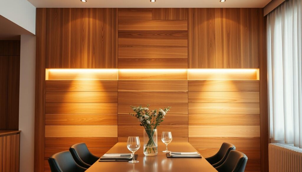 wood accent walls with integrated lighting