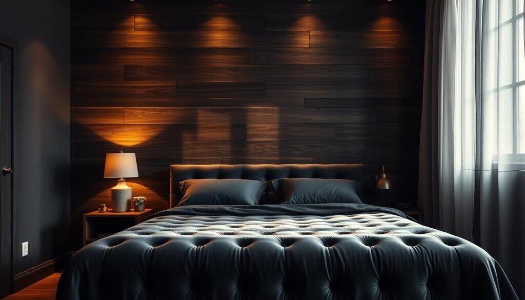 wood accents dark bedroom