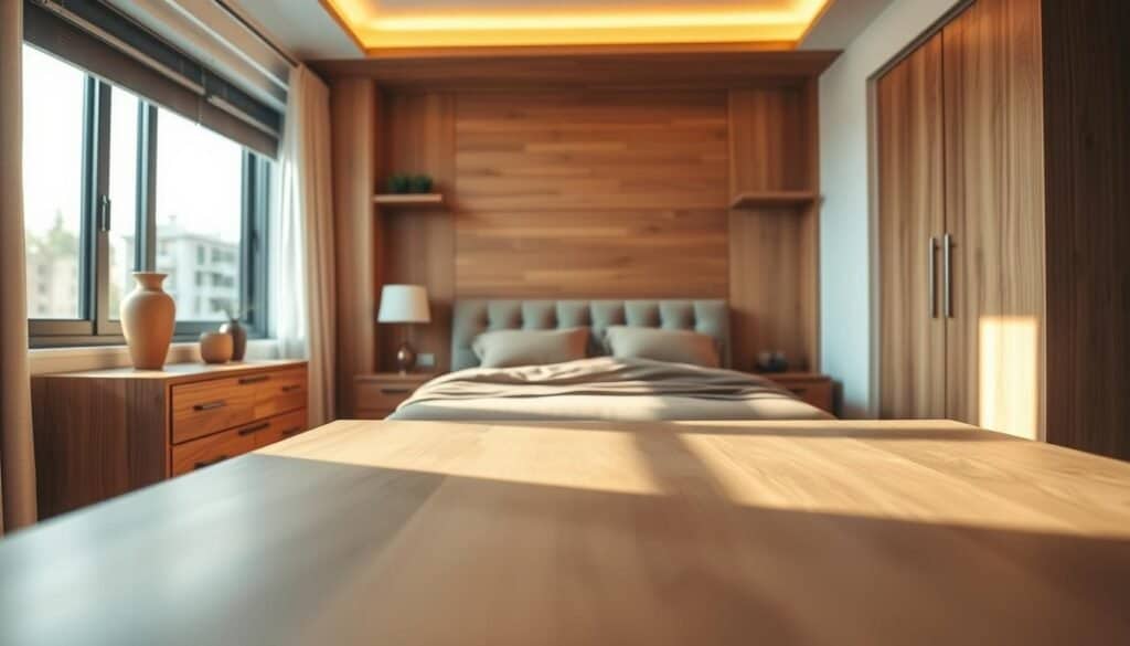 wood accents small bedroom